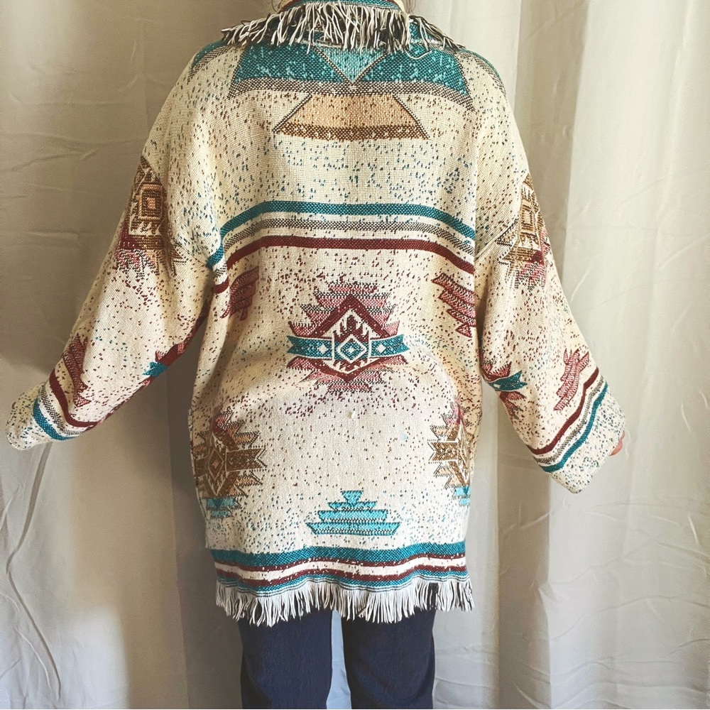 VTG Handmade Southwestern Aztec Native American Blanket Fringe Cardigan / Coat - Picture 9 of 16